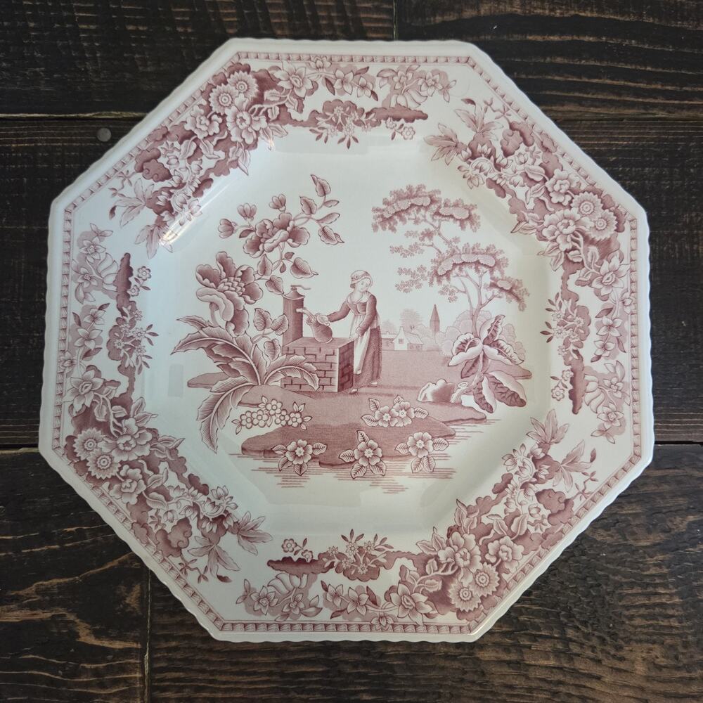 Spode Archive Sutherland Collection Girl at Well Octagonal Red Dinner Plate 9.5